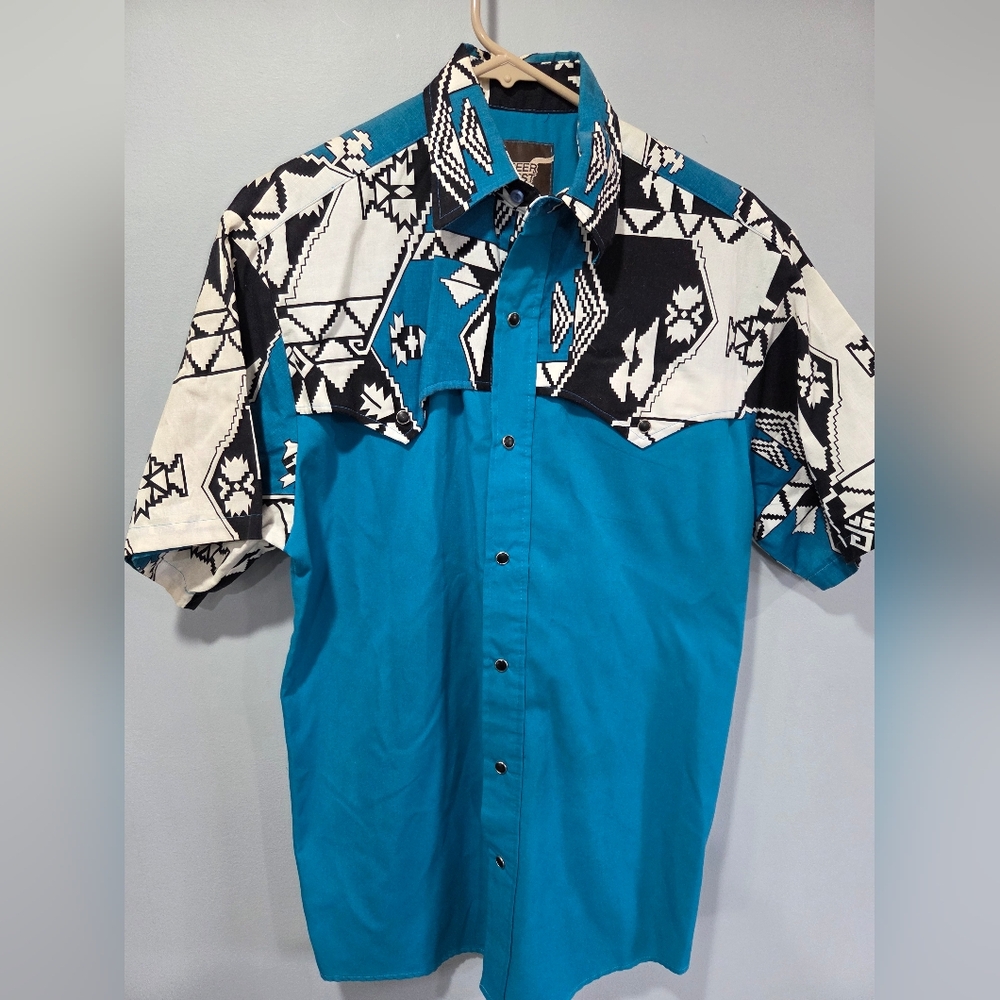 Vintage 1990s Steer West Turquoise Aztec Pattern Yoke Sleeves USA Small